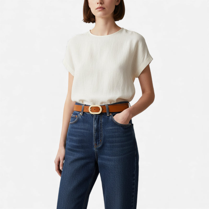 Ceinture Cuir Véritable Camel Boucle Dorée Femme