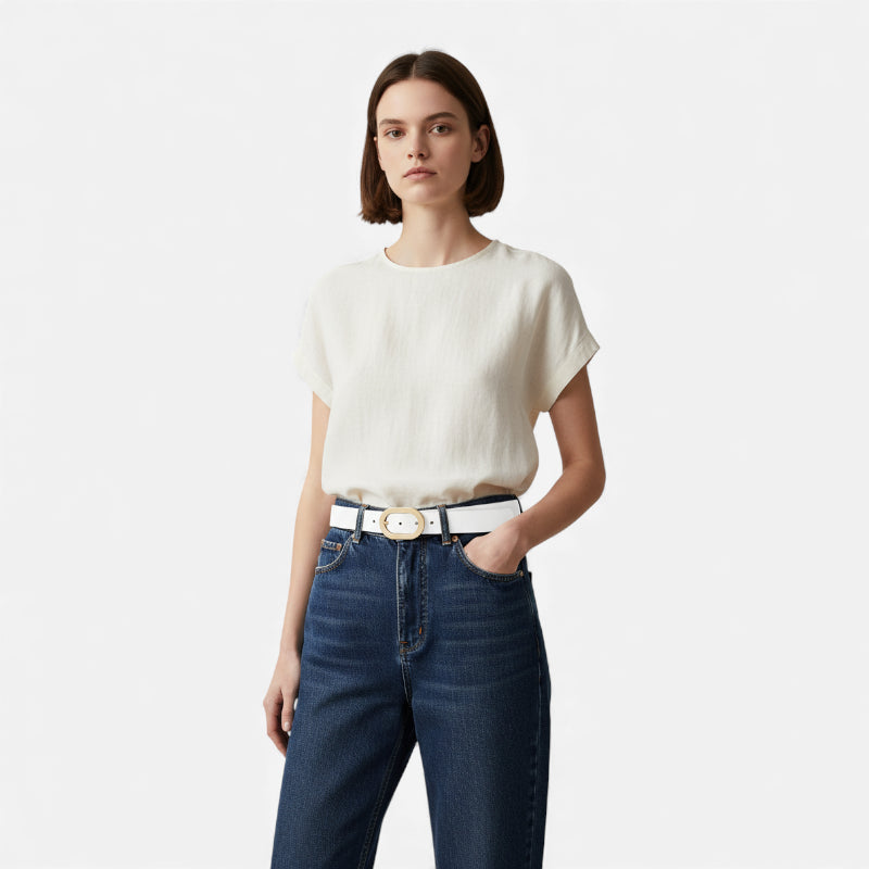Ceinture Cuir Véritable Blanc Boucle Dorée Femme