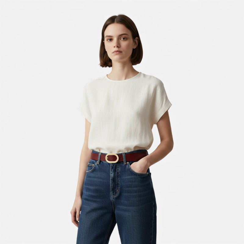 Ceinture Cuir Véritable Rouge Bordeaux Boucle Dorée Femme