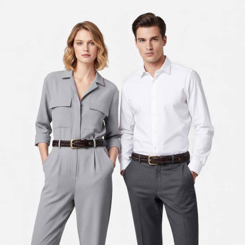 Ceinture Cuir Tressée Marron Très Foncé Boucle Dorée Costume