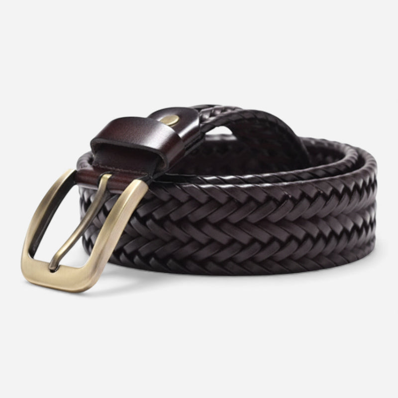 Ceinture Cuir Tressée Marron Très Foncé Boucle Dorée Costume