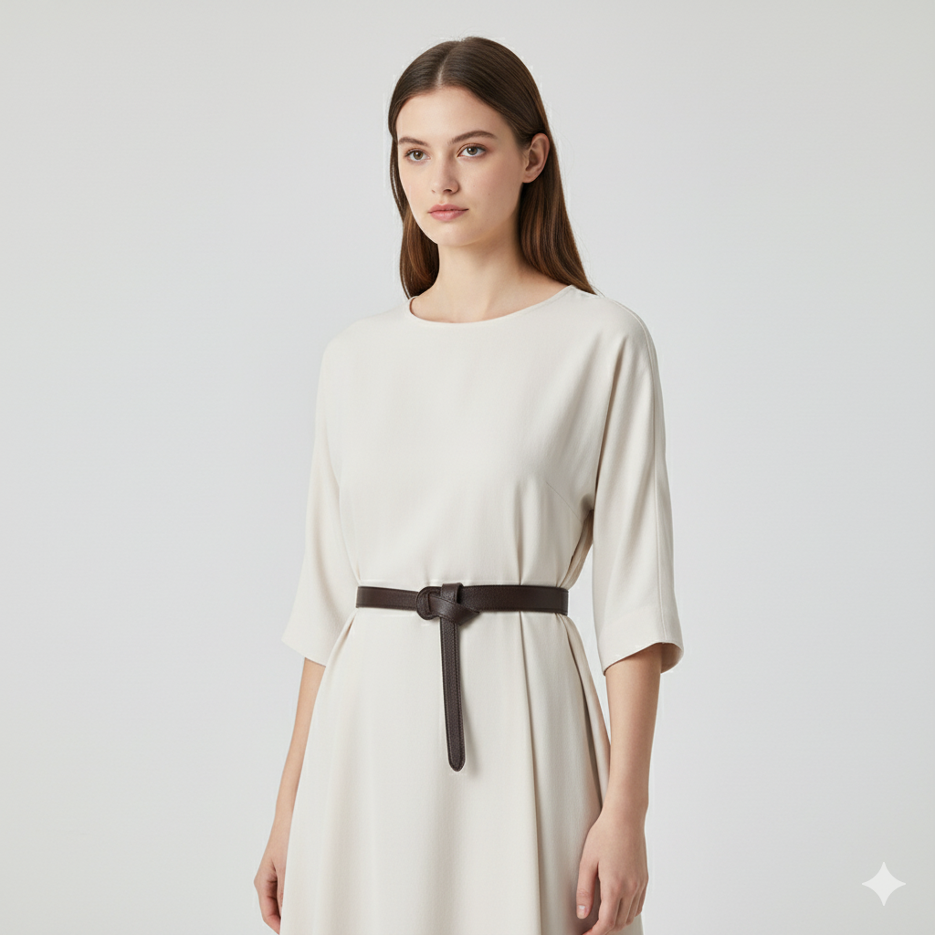 Ceinture à Nouer Cuir Souple Véritable Marron Foncé Taille Haute Femme