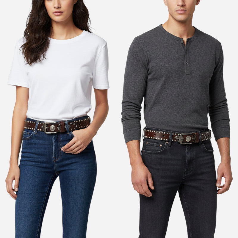 Ceinture Cuir Véritable Marron Cloutée Western Vintage