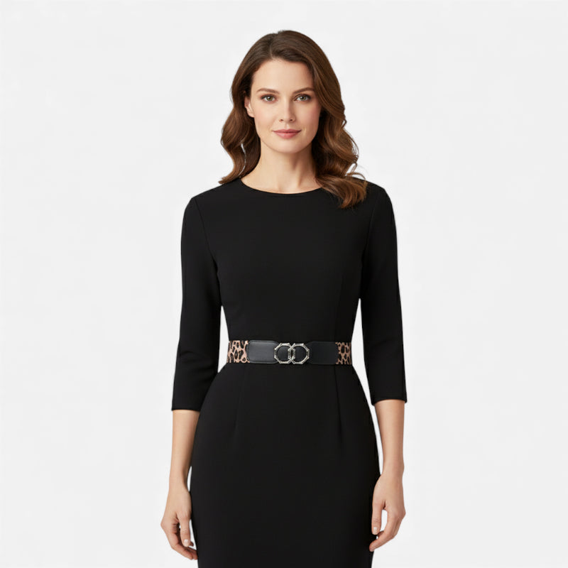 Ceinture Elastique Large Léopard Boucle Argentée Pour Femme