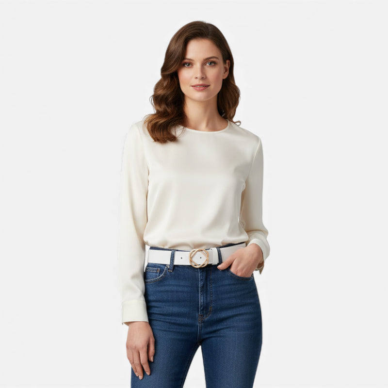 Ceinture Cuir Blanc Boucle Design Dorée Femme