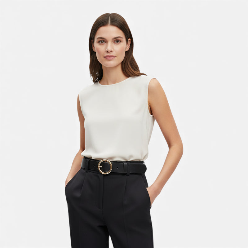 Ceinture Cuir Noir Boucle Simple Ronde Dorée Femme