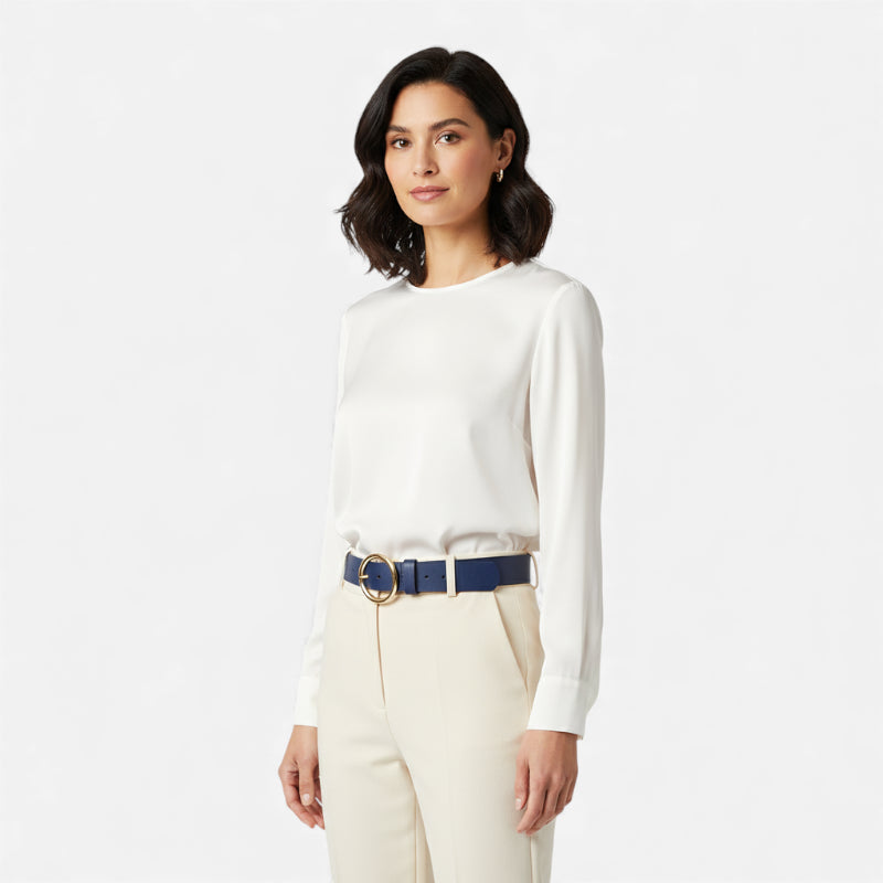 Ceinture Cuir Marine Boucle Simple Ronde Dorée Femme