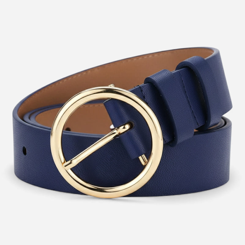 Ceinture Cuir Marine Boucle Simple Ronde Dorée Femme