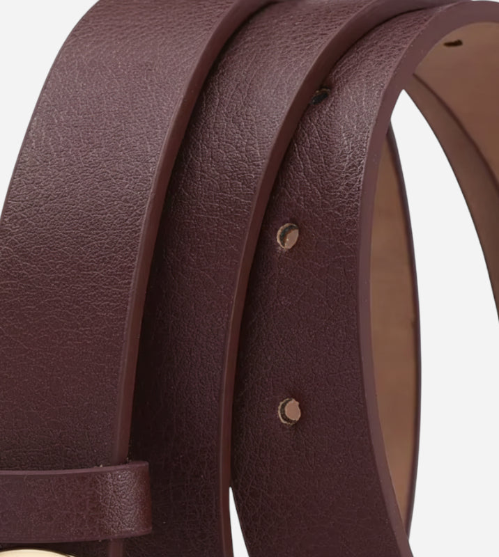 Ceinture Cuir Marron Foncé Boucle Simple Ronde Dorée Femme