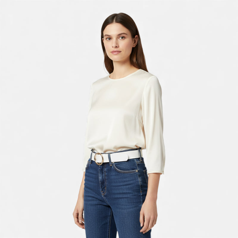 Ceinture Cuir Blanche Boucle Simple Ronde Dorée Femme