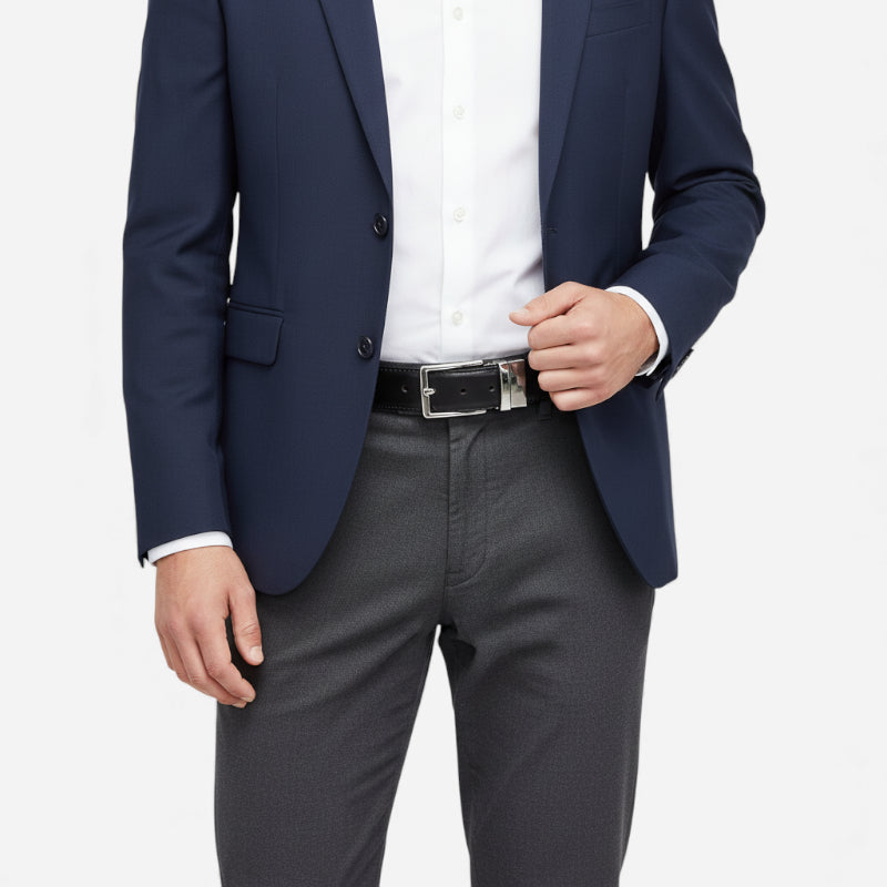 Ceinture Cuir Noir Boucle Argentée Homme - Réversible 2 en 1