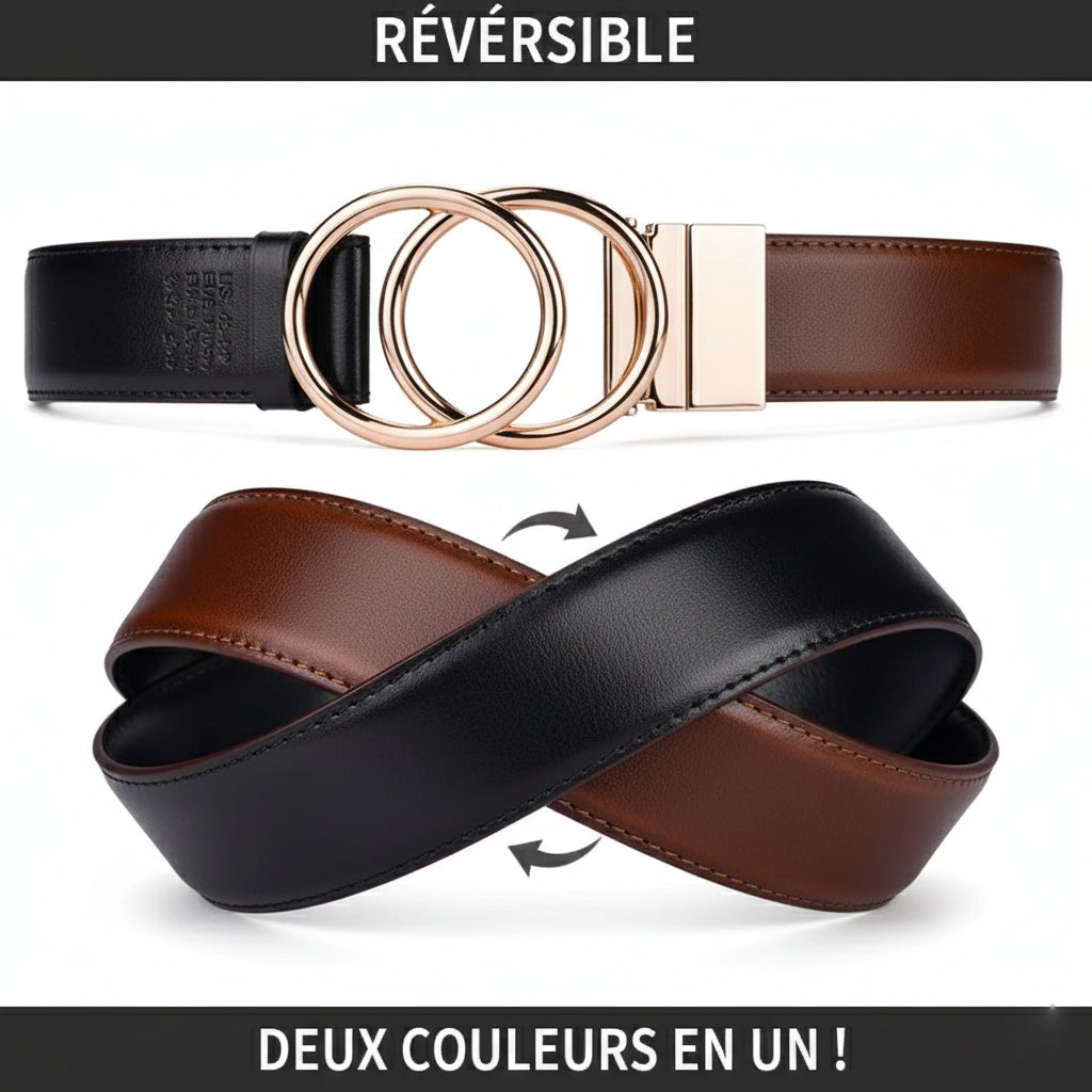 Ceinture Réversible En Cuir Premium Marron et Noir Anneaux Dorés Femme - Réversible 2 en 1
