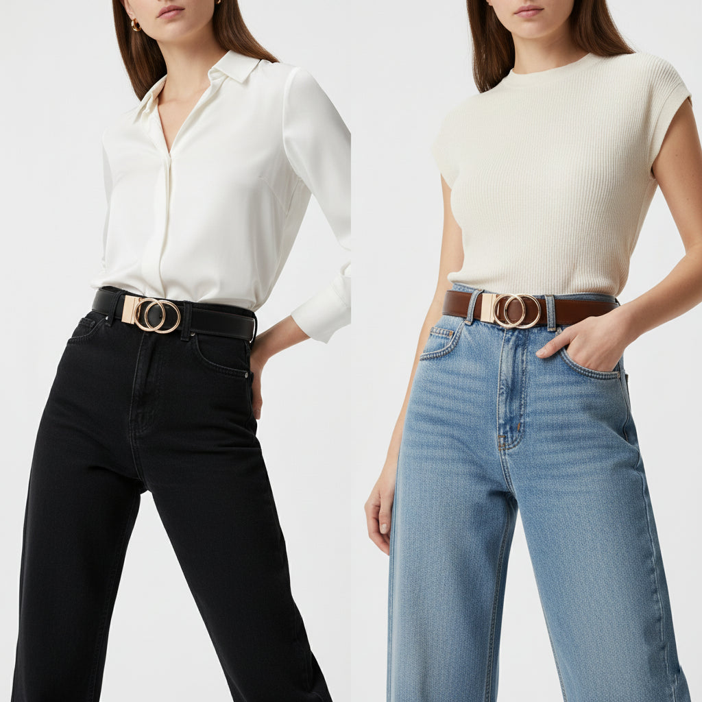 Ceinture Réversible En Cuir Premium Marron et Noir Anneaux Dorés Femme - Réversible 2 en 1