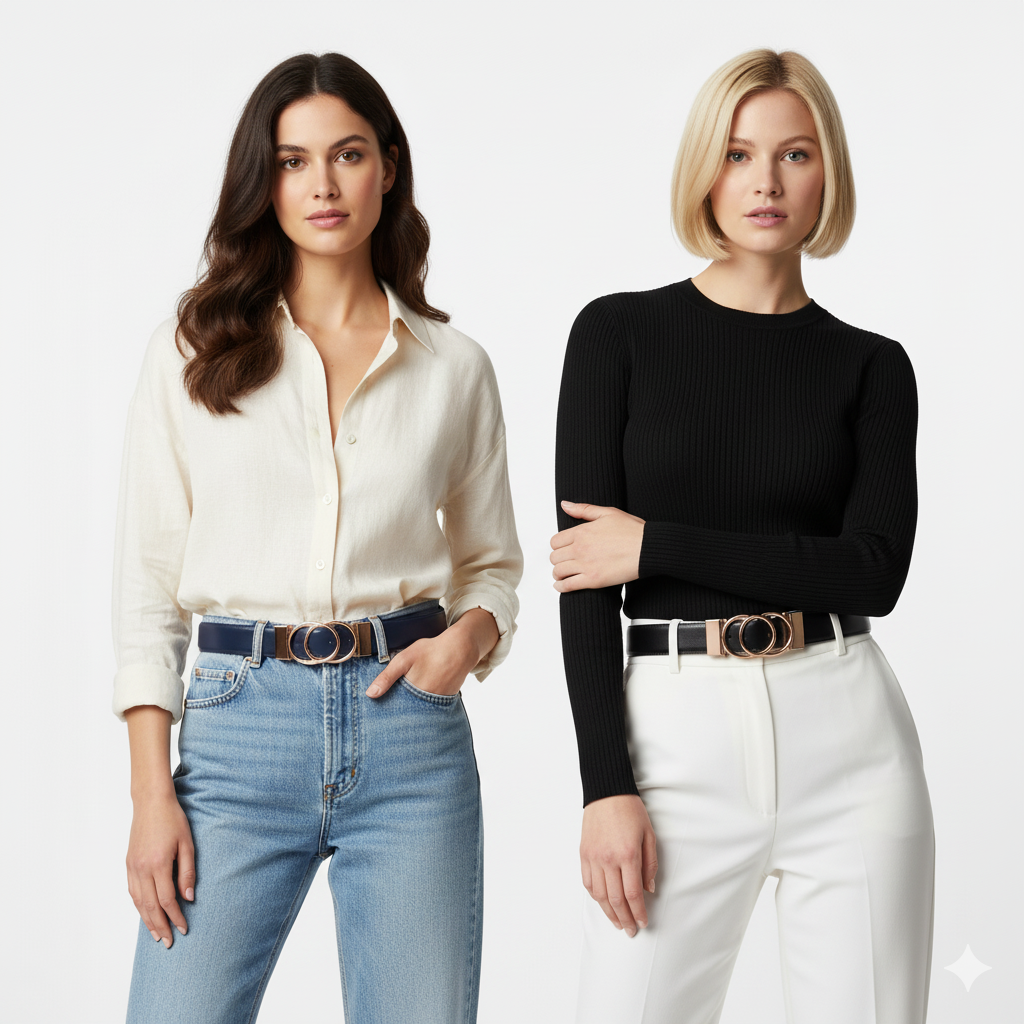 Ceinture Réversible En Cuir Premium Marine et Noir Anneaux Dorés Femme - Réversible 2 en 1