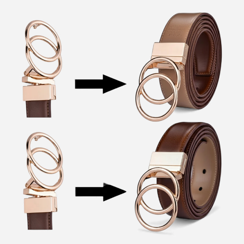 Ceinture Réversible En Cuir Premium Marron et Beige Anneaux Dorés Femme - Réversible 2 en 1