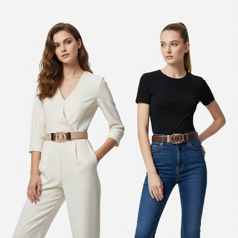 Ceinture Réversible En Cuir Premium Marron et Beige Anneaux Dorés Femme - Réversible 2 en 1