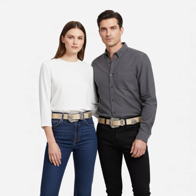 Ceinture Cuir Véritable Beige Boucle Argentée Western Vintage