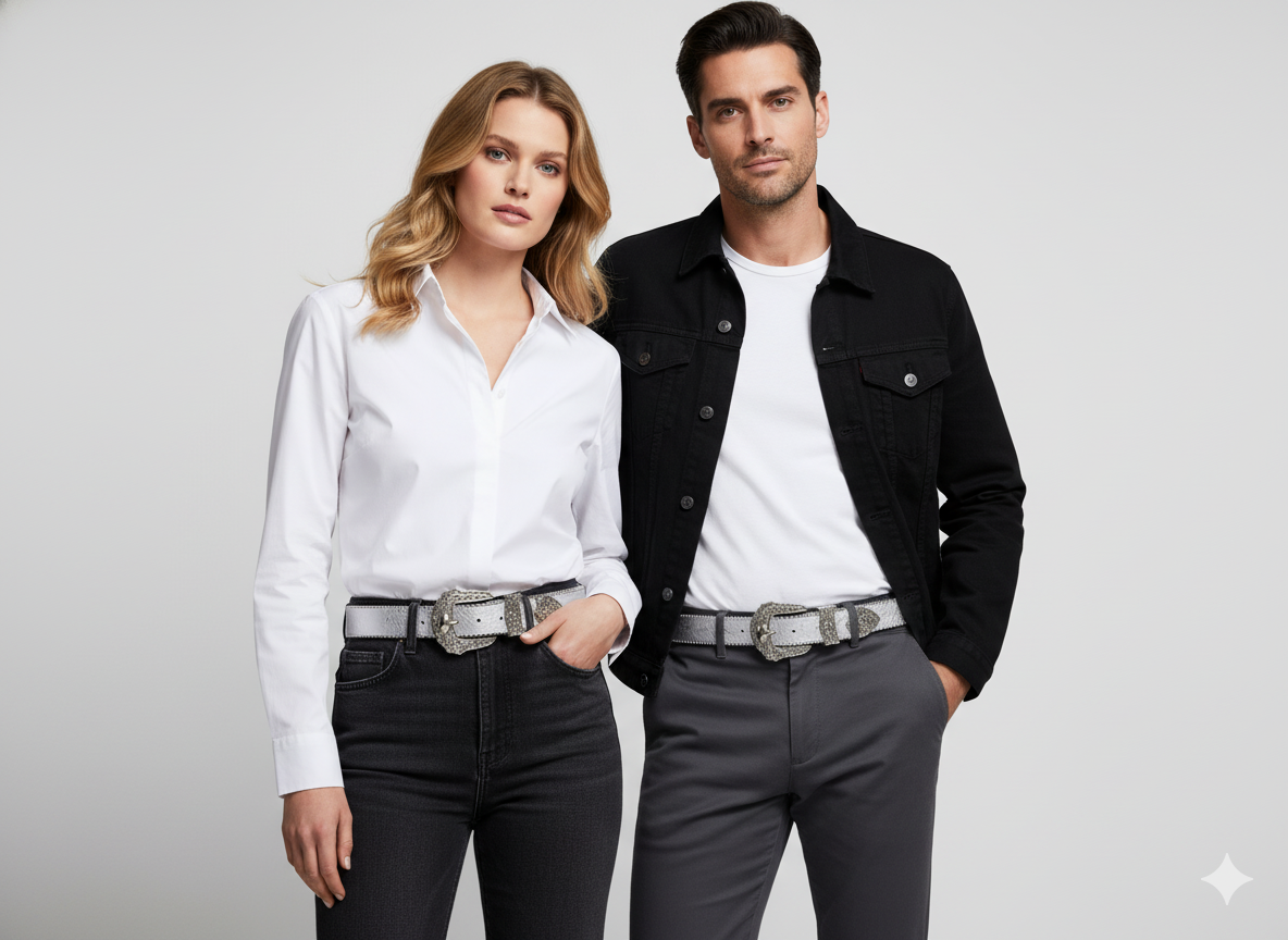 Ceinture Cuir Véritable Gris Boucle Argentée Cowboy Western Femme et Homme