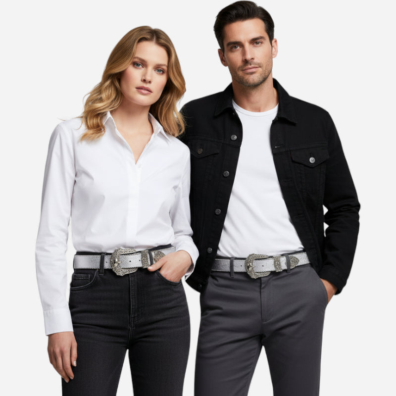 Ceinture Cuir Véritable Gris Boucle Argentée Cowboy Western Femme et Homme