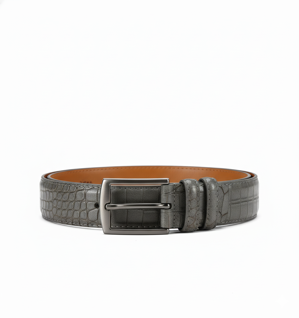 Ceinture Cuir Crocodile Véritable Gris Boucle Argentée Homme et Femme