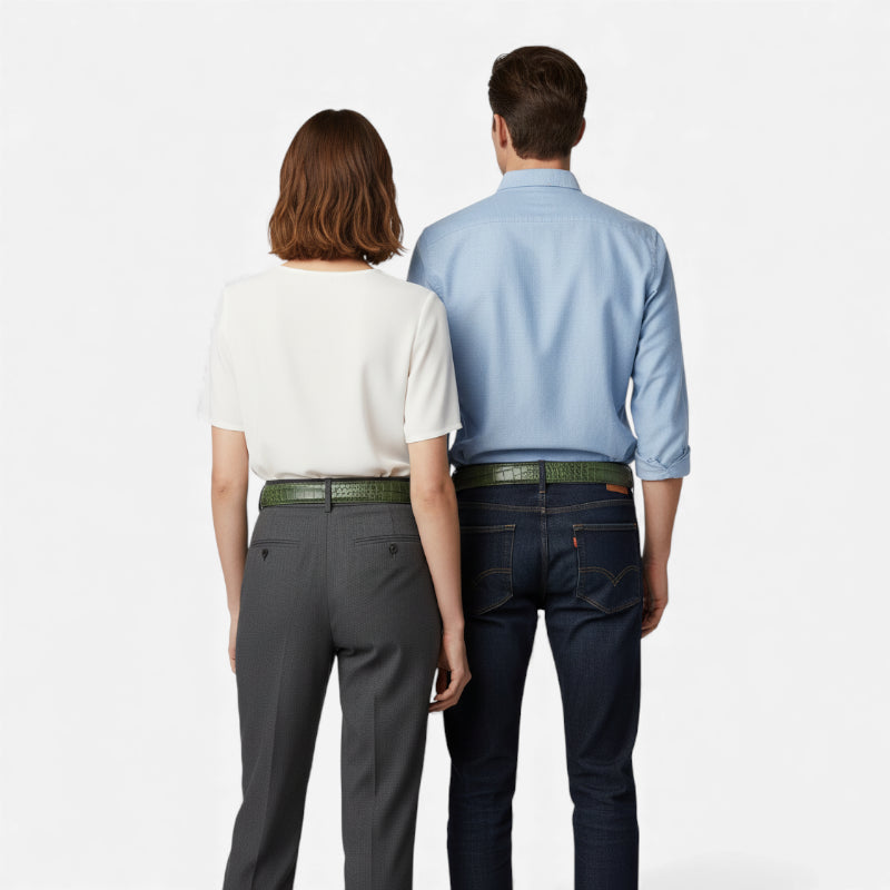 Ceinture Cuir Crocodile Véritable Vert Boucle Argentée Homme et Femme