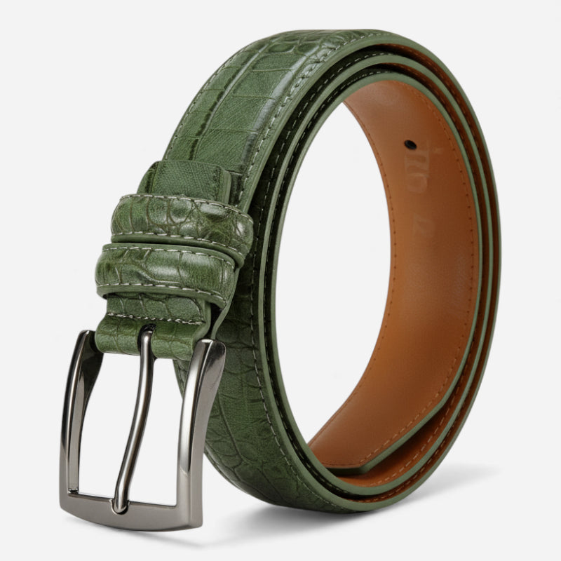 Ceinture Cuir Crocodile Véritable Vert Boucle Argentée Homme et Femme