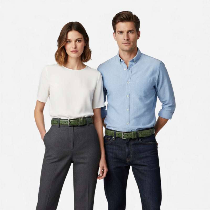 Ceinture Cuir Crocodile Véritable Vert Boucle Argentée Homme et Femme