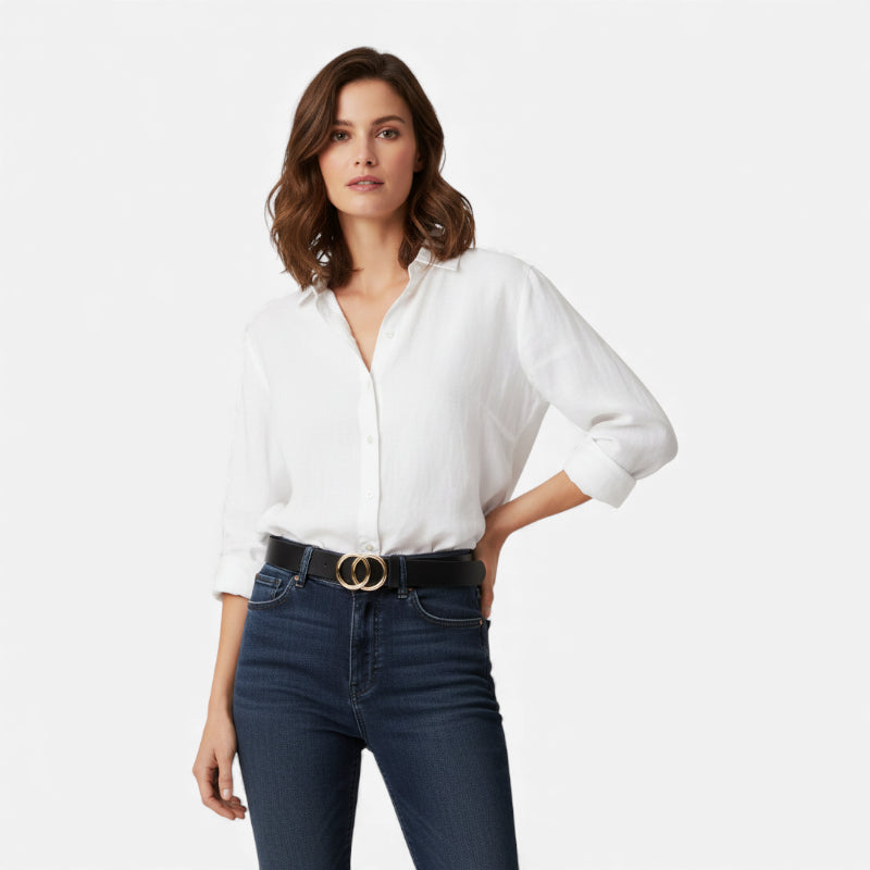 Ceinture Cuir Noir Boucle Ronde Dorée Femme