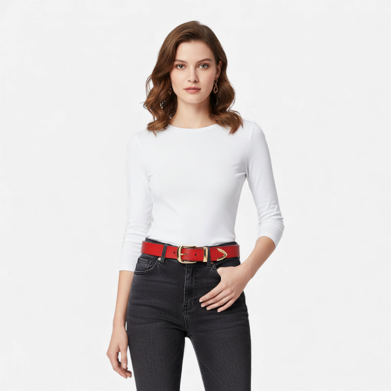 Ceinture Cuir Rouge Boucle Dorée Femme
