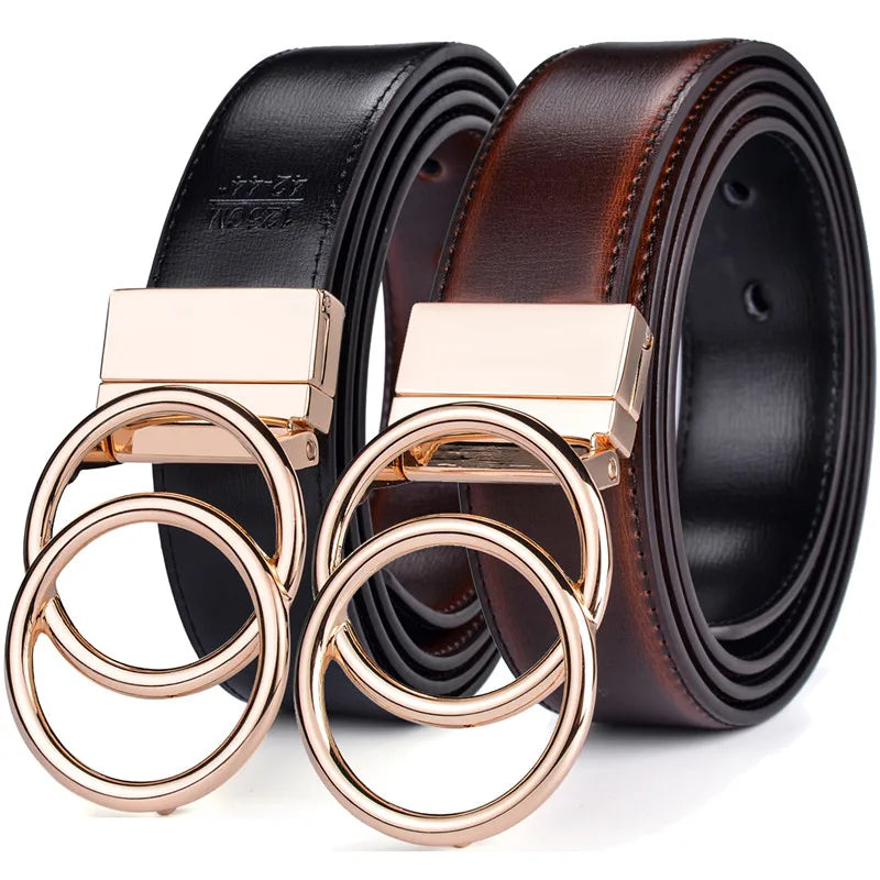 Ceinture Réversible En Cuir Premium Marron Vintage et Noir Anneaux Dorés Femme