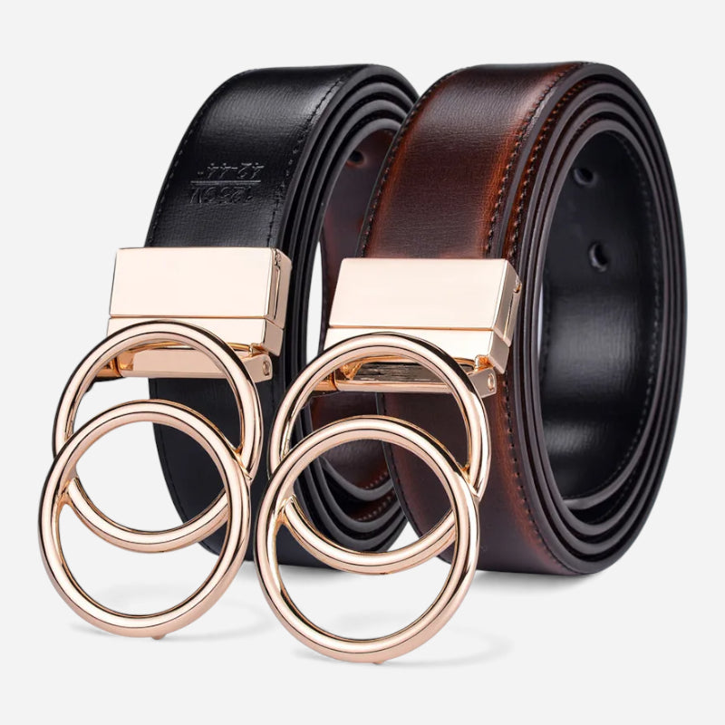 Ceinture Réversible En Cuir Premium Marron Vintage et Noir Anneaux Dorés Femme - Réversible 2 en 1