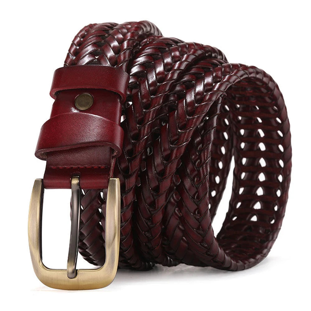Ceinture Cuir Tressée Marron Très Foncé Boucle Dorée Costume