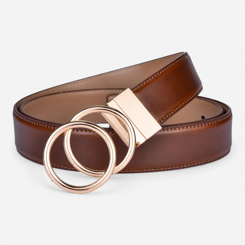 Ceinture Réversible En Cuir Premium Marron et Beige Anneaux Dorés Femme - Réversible 2 en 1