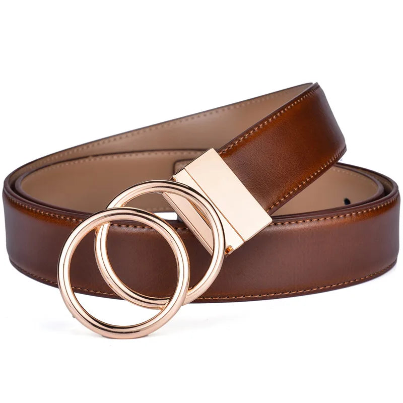 Ceinture Réversible En Cuir Premium Marron et Beige Anneaux Dorés Femme