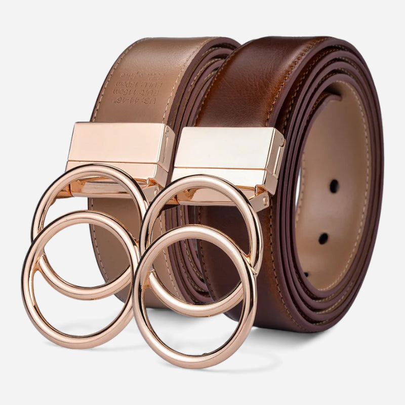 Ceinture Réversible En Cuir Premium Marron et Beige Anneaux Dorés Femme - Réversible 2 en 1