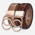 Ceinture Réversible En Cuir Premium Marron et Beige Anneaux Dorés Femme - Réversible 2 en 1