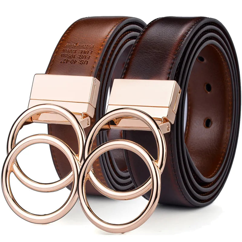 Ceinture Réversible En Cuir Premium Marron et Marron Foncé Vintage Anneaux Dorés Femme