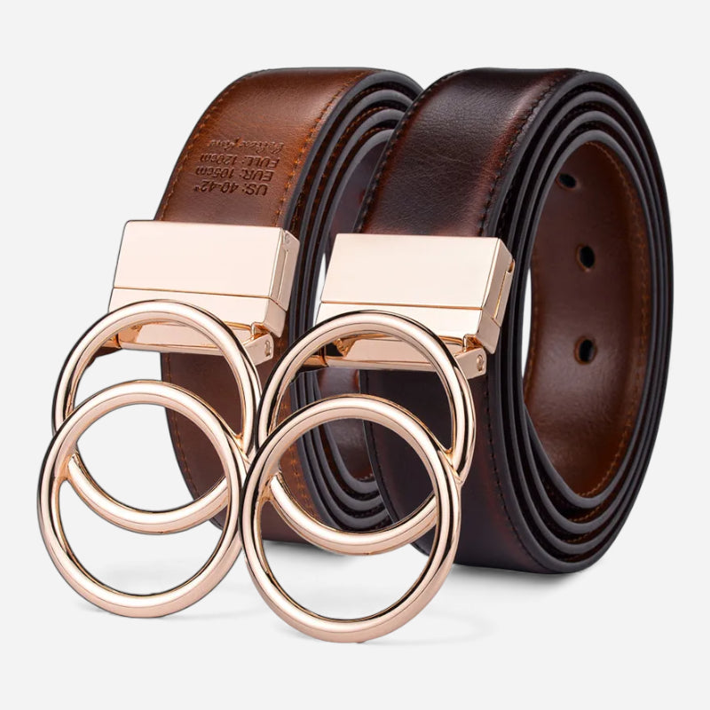 Ceinture Réversible En Cuir Premium Marron et Marron Foncé Vintage Anneaux Dorés Femme - Réversible 2 en 1