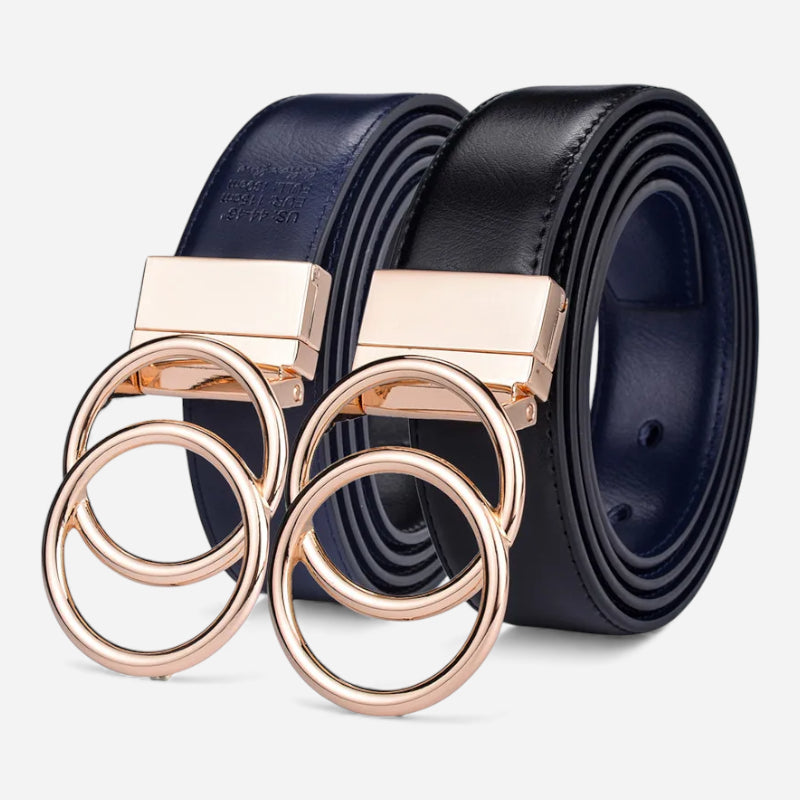 Ceinture Réversible En Cuir Premium Marine et Noir Anneaux Dorés Femme - Réversible 2 en 1