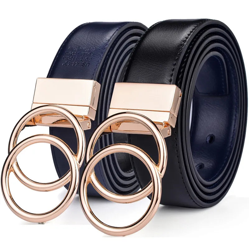 Ceinture Réversible En Cuir Premium Marine et Noir Anneaux Dorés Femme