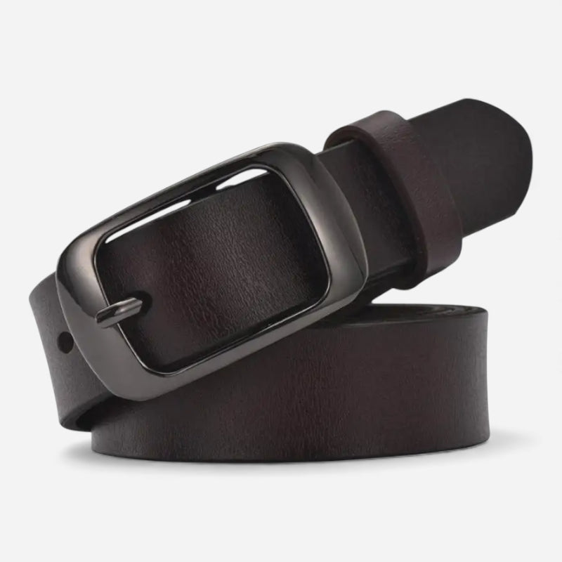 Ceinture Cuir Marron Très Foncé Boucle Noir Brillant Femme