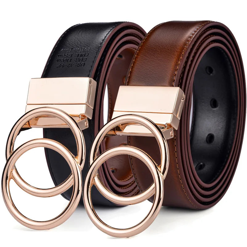 Ceinture Réversible En Cuir Premium Marron et Noir Anneaux Dorés Femme