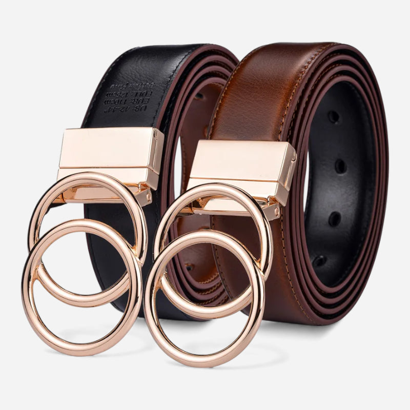 Ceinture Réversible En Cuir Premium Marron et Noir Anneaux Dorés Femme - Réversible 2 en 1