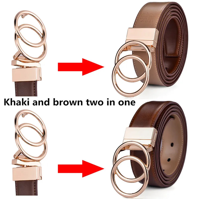 Ceinture Réversible En Cuir Premium Marron Foncé et Noir Anneaux Dorés Femme