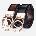 Ceinture Réversible En Cuir Premium Marron Foncé et Noir Anneaux Dorés Femme - Réversible 2 en 1