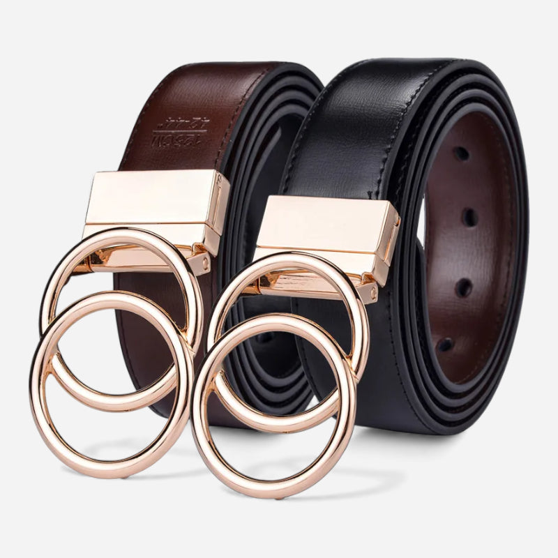 Ceinture Réversible En Cuir Premium Marron Foncé et Noir Anneaux Dorés Femme - Réversible 2 en 1