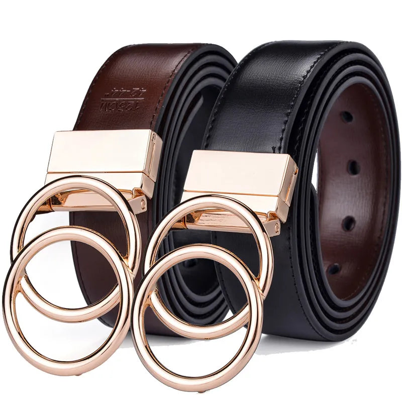 Ceinture Réversible En Cuir Premium Marron Foncé et Noir Anneaux Dorés Femme
