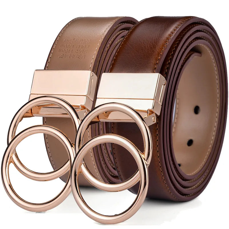 Ceinture Réversible En Cuir Premium Marron et Beige Anneaux Dorés Femme