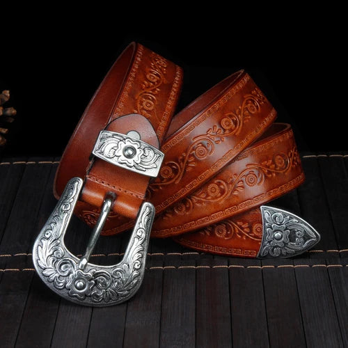 Ceinture Cuir Véritable Marron Cloutée Western Vintage