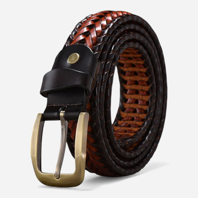 Ceinture Cuir Véritable Tressé Marron Boucle Dorée Costume